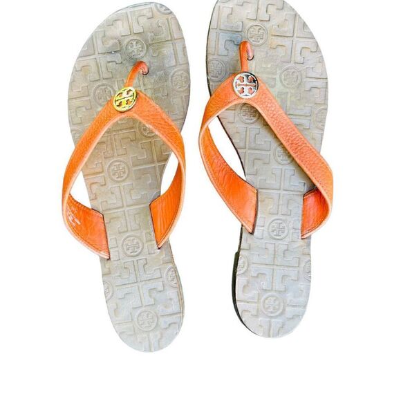 Tory Burch Thora Orange Leather Flip Flop Sandals Womens Size 11 - Picture 6 of 7